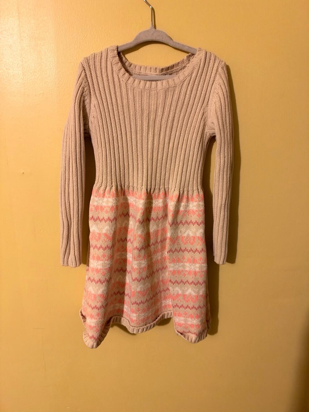 Aspen Kids Girls Oatmeal Beige & Coral Pink Fair Isle Knit 
Sweater Dress